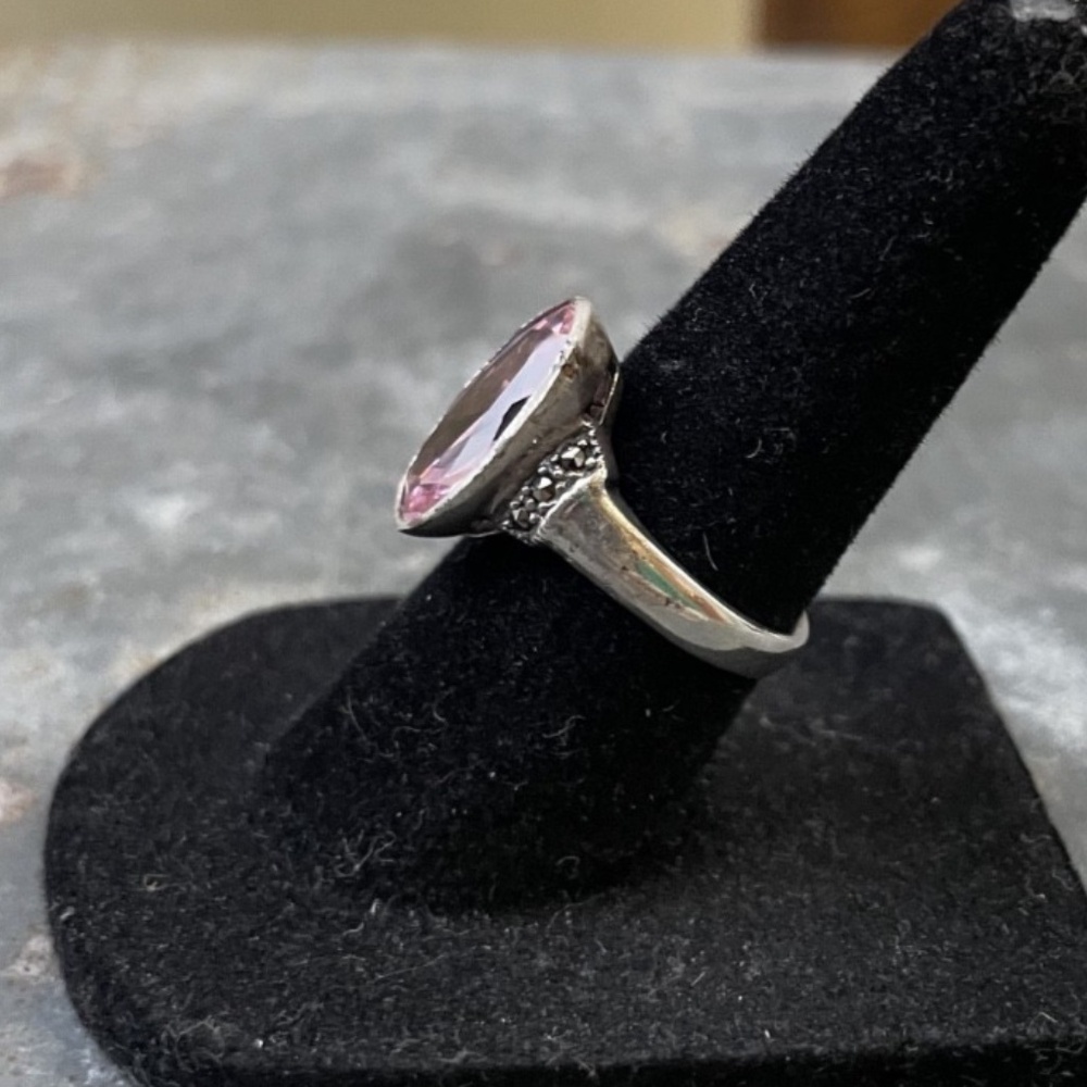Pink Tourmaline and Marcasite Oval Ring Size 5.5 - Picture 2 of 5
